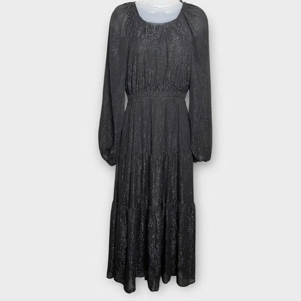 ANTHROPOLOGIE Moon River Crewneck Tiered Maxi Dress Black Shimmer Size Medium - Picture 2 of 7